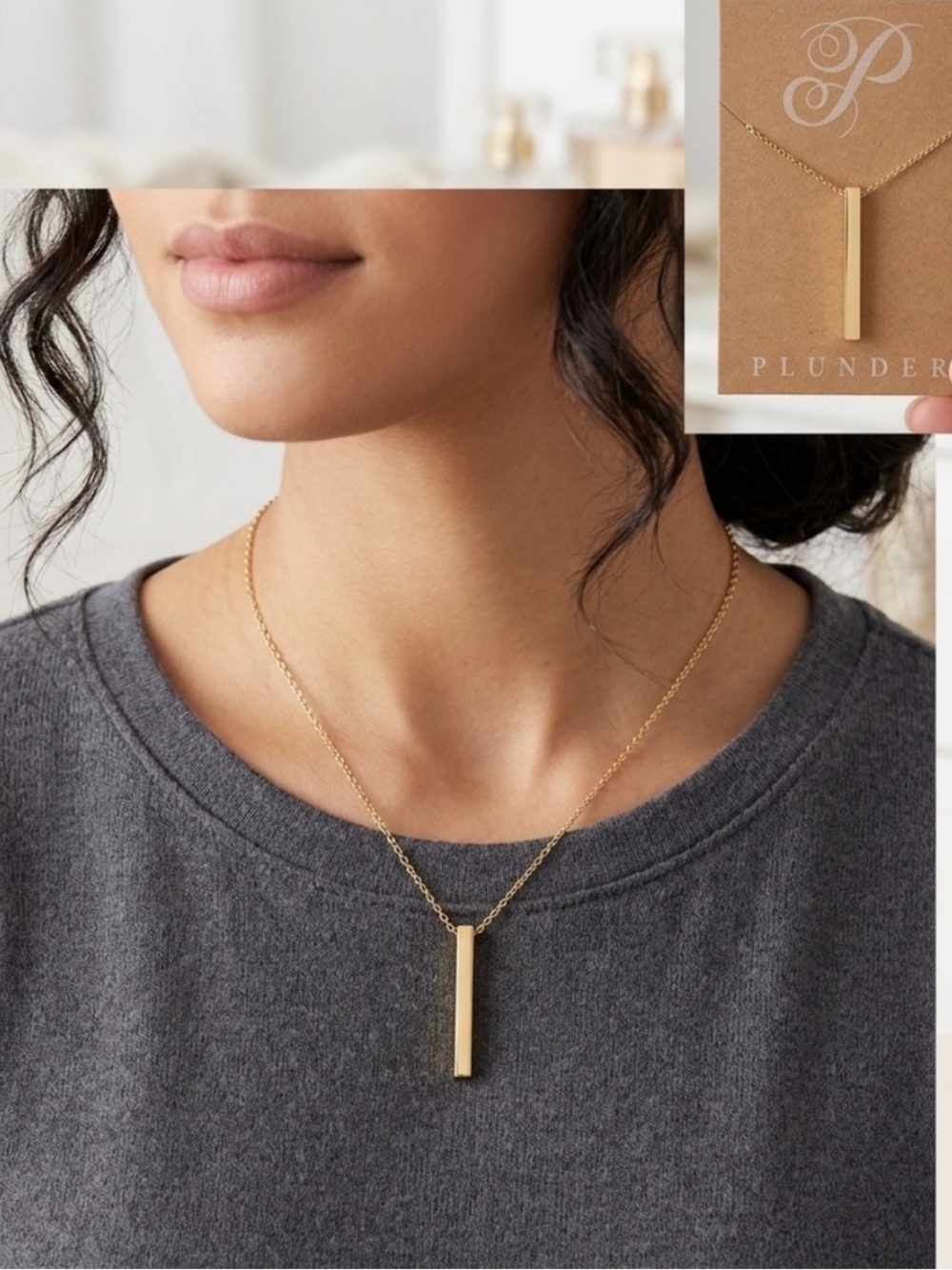 Plunder Design Gold-tone Vertical Bar Pendant Necklace. New in velour gift bag.